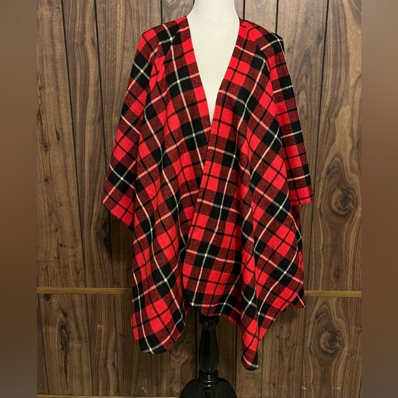 Texas Body Hangings Jackets & Blazers - TEXAS BODY HANGINGS RED BLACK Plaid Wool Belted Cape Wrap Cloak Rare One Size